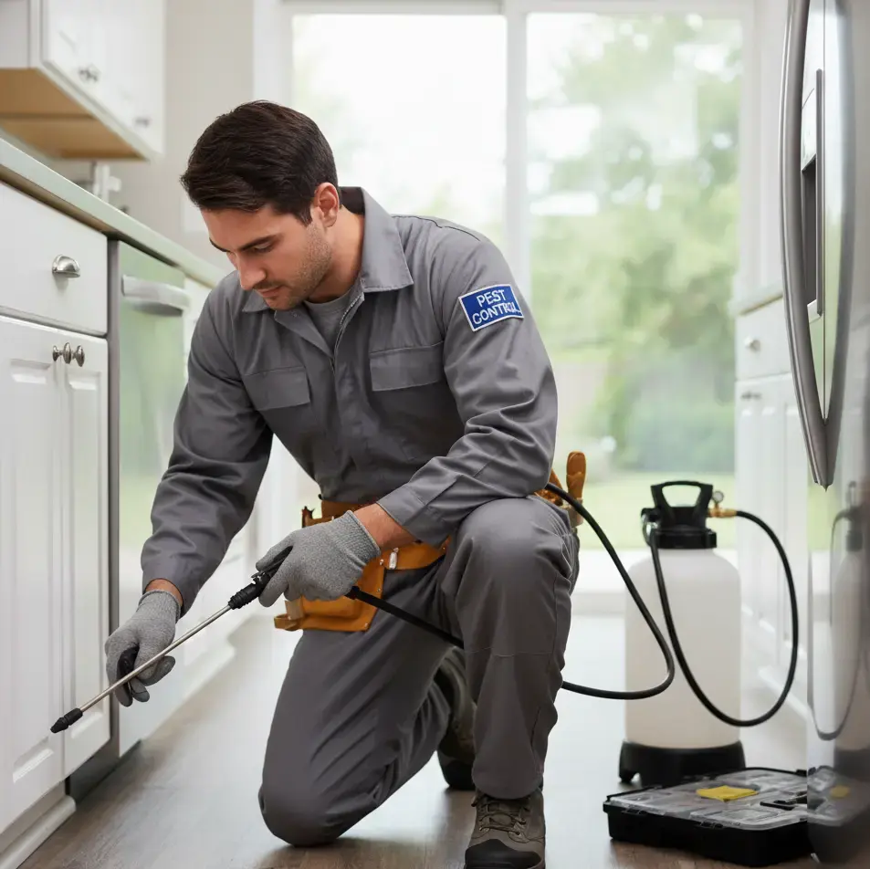 Pest control professional at work in a kitchen